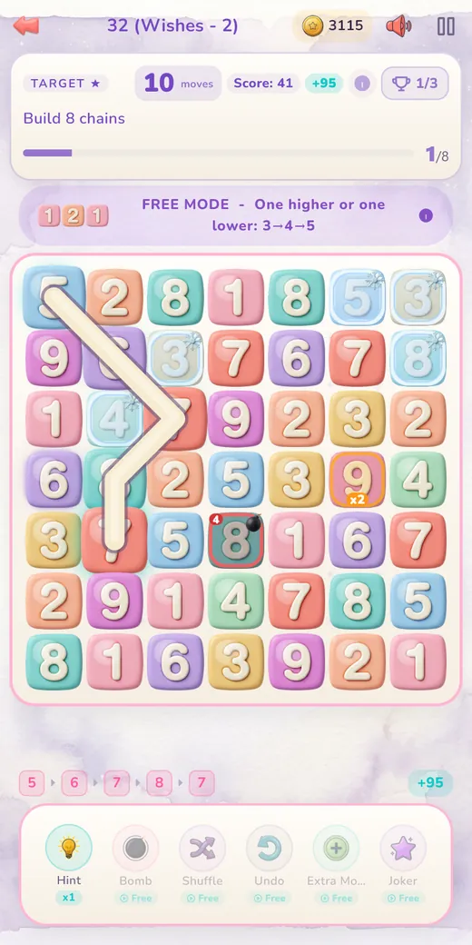 Decimo gameplay: a chain drawn across a grid of numbers